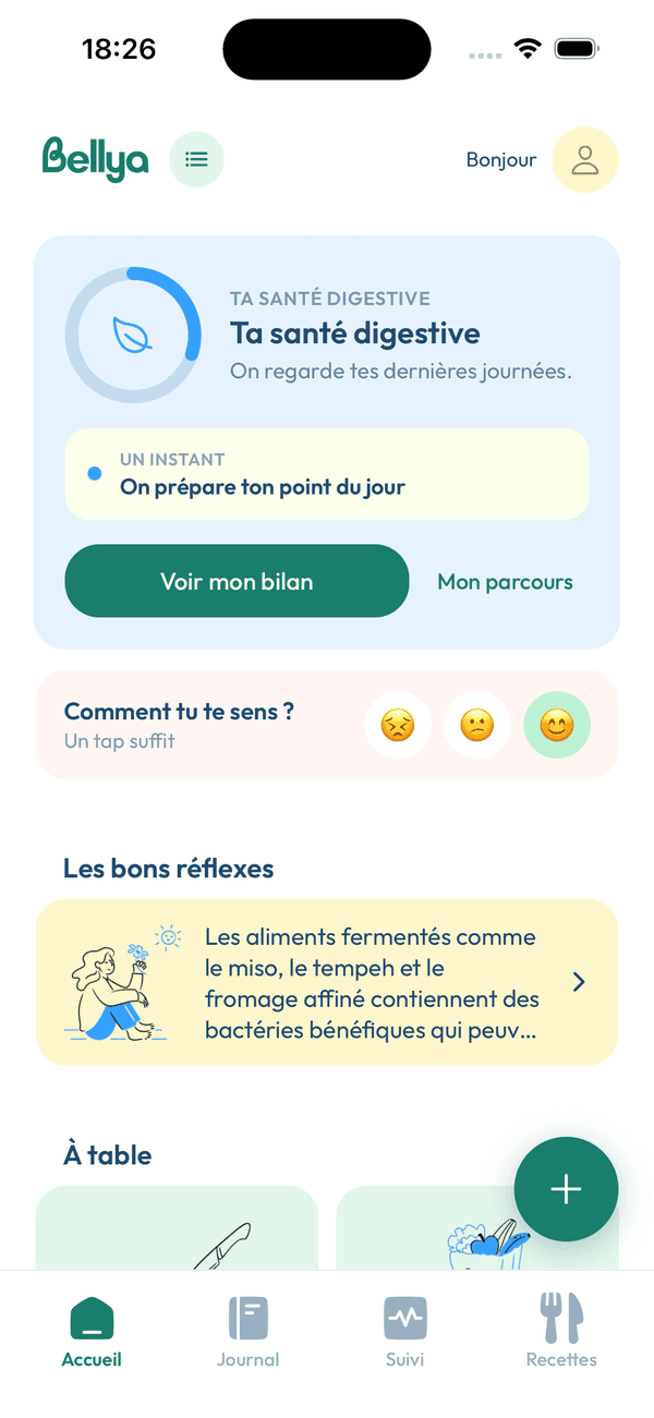 Écran d'accueil de l'application Bellya